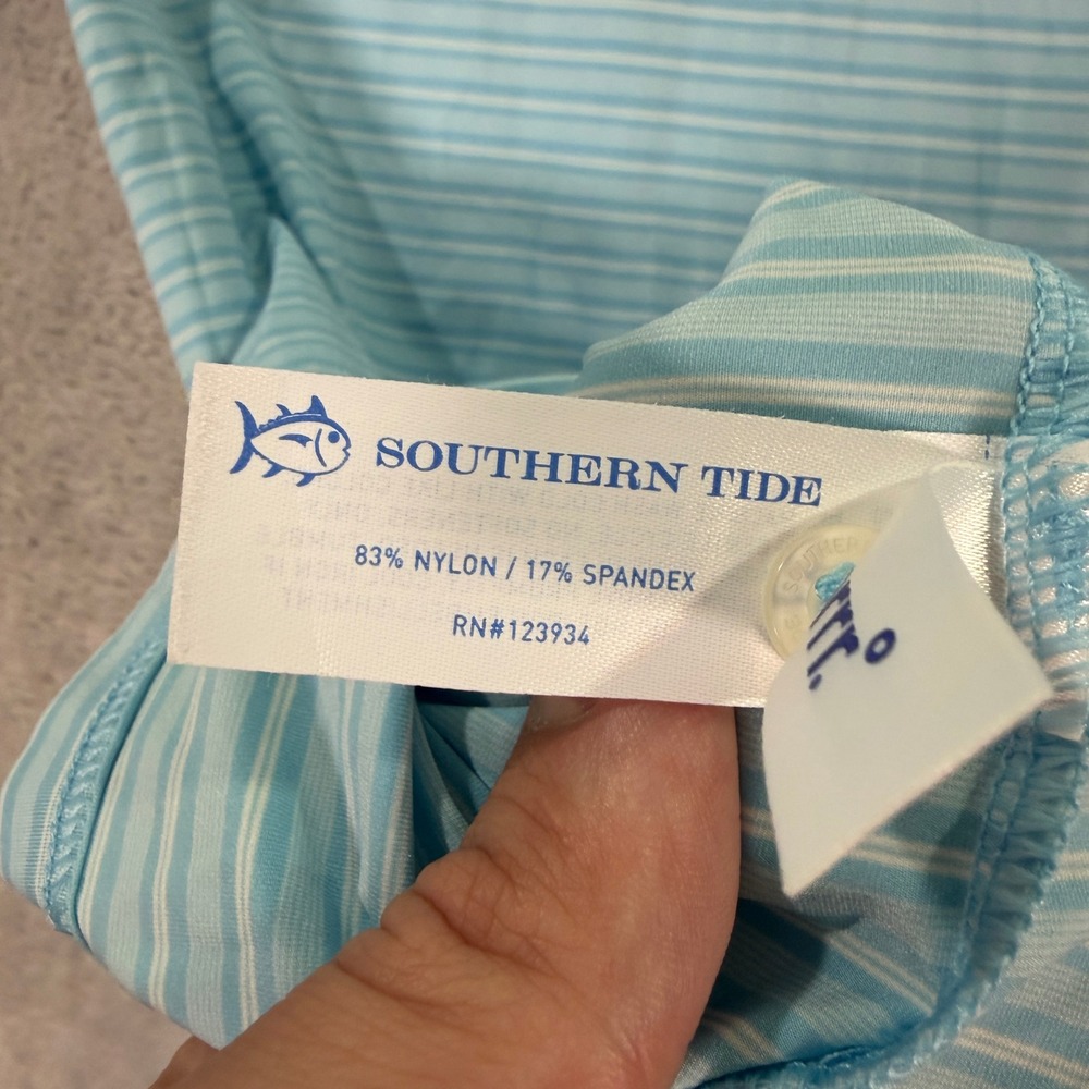 Southern Tide Mens Medium Polo Shirt Blue Striped Brrr Cooling Performance Golf - Picture 10 of 11